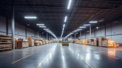 Obraz premium Generative AI, Warehouse interior with LED lighting, industry building, distribution retail center, part of storage and shipping system..