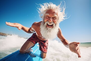 fit senior men having fun surfing Sporty bearded man training with a surfboard on the beach - Elderly healthy people lifestyle and extreme sport concept