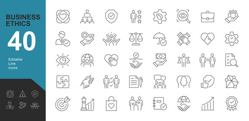 Business Ethics Line editable icons set. Vector illustration in modern thin line style of business related icons: integrity, growth, goal, trust,  passion, white salary, social package and more.