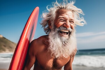 Senior men having fun surfing Sporty bearded man training with surfboard on the beach