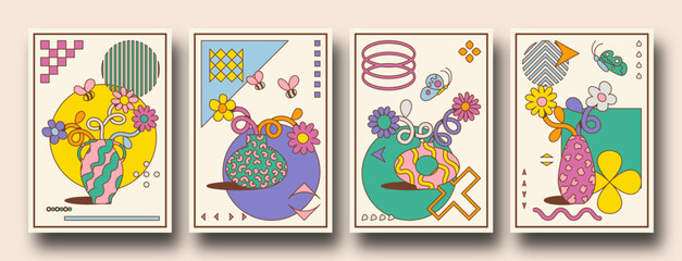 Colorful retro cartoon posters with Geometric shapes and bstract organic flowers and vases. trendy playful Groovy, funky, trippy, hippie, 60s, 70s aesthetic. bauhaus inspired.