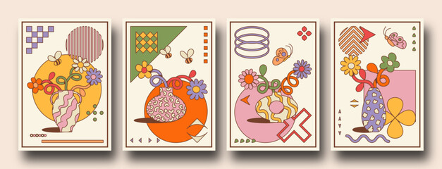 Fototapeta na wymiar Colorful retro cartoon posters with Geometric shapes and bstract organic flowers and vases. trendy playful Groovy, funky, trippy, hippie, 60s, 70s aesthetic. bauhaus inspired.