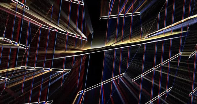 Multi-colored rays of light flicker and move in three-dimensional space and are refracted in many planes. Animated background and club video. Endless cycle. A loop