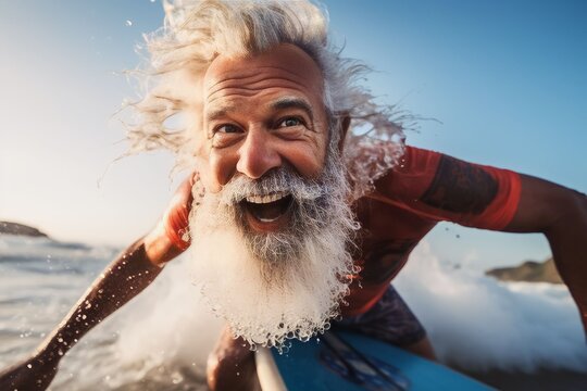 Senior Men Having Fun Surfing Sporty Bearded Man Training With Surfboard On The Beach