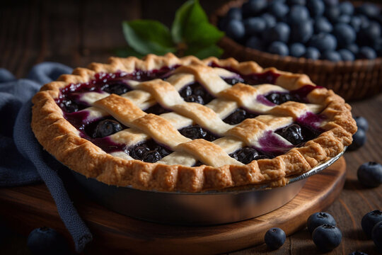 Fresh homemade blueberry pie. Picture for the menu of a cafe or restaurant. Generative AI.