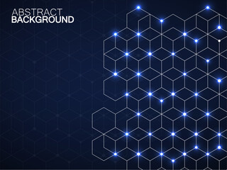 Abstract geometric background with glowing cubes. Geometrical concept with neon lines and points