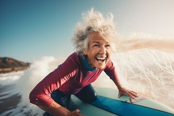 senior women having fun surfing Sporty woman training with a surfboard on the beach