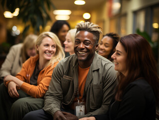 Fototapeta premium social worker is seen in a community center, surrounded by individuals of different ages and backgrounds.