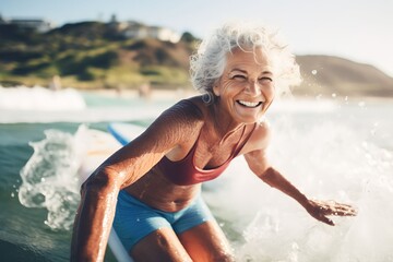 senior women having fun surfing Sporty woman training with a surfboard on the beach