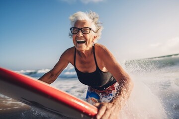 fit senior women having fun surfing Sporty woman training with surfboard on the beach - Elderly healthy people lifestyle and extreme sport concept