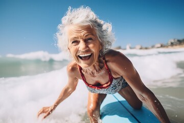 fit senior women having fun surfing Sporty woman training with surfboard on the beach - Elderly healthy people lifestyle and extreme sport concept