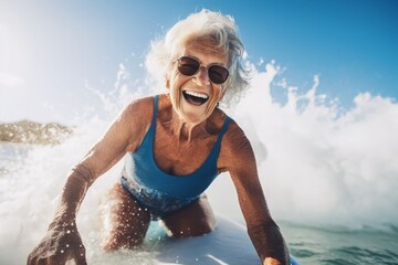 fit senior women having fun surfing Sporty woman training with surfboard on the beach - Elderly healthy people lifestyle and extreme sport concept