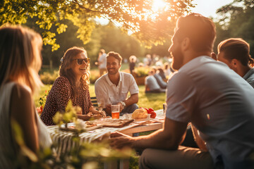 diverse group of friends having a picnic in the park at daytime with amazing sun flare ai generated art  - obrazy, fototapety, plakaty