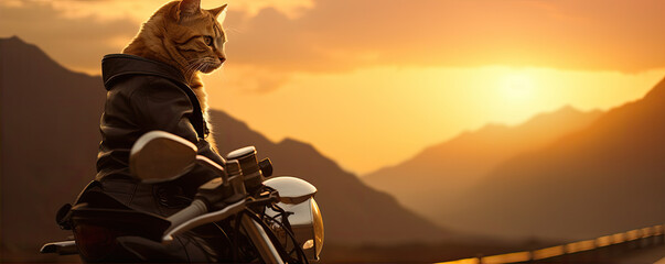 Cute cat driving motocycle in sunset light.