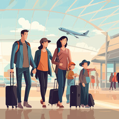 Happy family in airport flat design