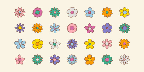 Colorful and cute retro cartoon flowers. Collection of trendy vintage y2k floral, abstract and organic shapes, trendy and playful Groovy, funky, trippy, hippie, 60s, 70s aesthetic
