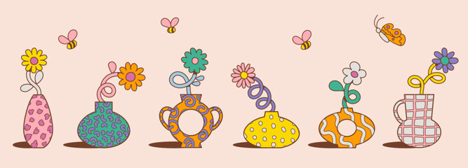 Colorful and cute retro cartoon flowers and vases. Collection of trendy vintage y2k floral, abstract and organic shapes, trendy and playful Groovy, funky, trippy, hippie, 60s, 70s aesthetic