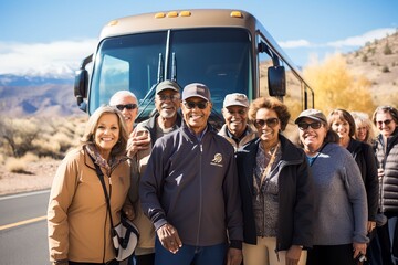 group of all parent tour participants with an interesting tour bus background, Moments of Togetherness in Front of the Tour Bus