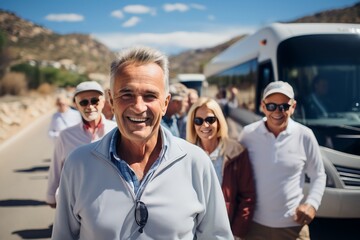 group of all parent tour participants with an interesting tour bus background, Moments of Togetherness in Front of the Tour Bus