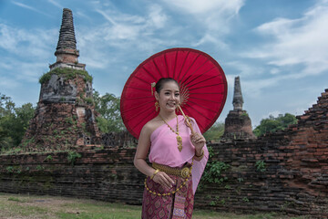 Beauty fantasy Thai women. Beautiful Thai girl in traditional dress costume ,Ayutthaya, Thailand. Asian women wearing traditional Thai culture, vintage style, Thai. Asia woman wearing traditional.