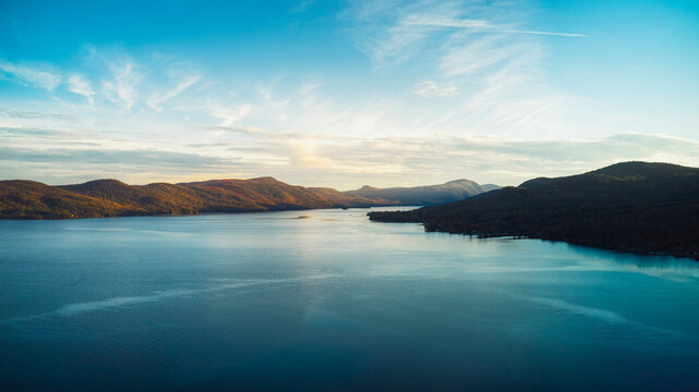 USA, New York State, Hague, Scenic view of Lake George at sunset
