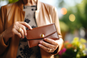 An elderly woman holds a wallet in his hands - obrazy, fototapety, plakaty