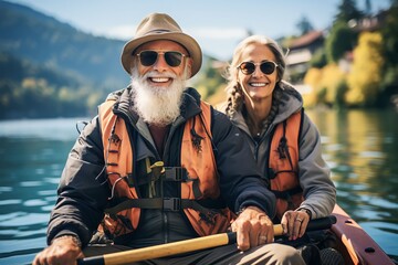 Happy retired couple enjoying travel moment paddling on kayak - Powered by Adobe