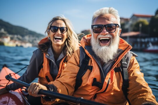 Happy Retired Couple Enjoying Travel Moment Paddling On Kayak