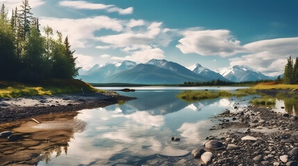 Alaska dreamy vacation with sunny weather in minimalistic landscape, natural landscape over a stream running to river with forest and mountain far away on clear blue sky