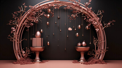 Empty luxurious aesthetic podium in Rose Gold color, designed for advertising and product display with hanging decorations and dry branches for a beautiful party.