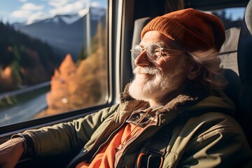 Obraz premium Senior man enjoying the view while riding the train