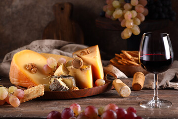 cheese on a wooden board with grapes and honey