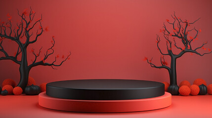 Empty luxurious aesthetic podium for Halloween, in Marsala color, designed for advertising and product display with two leafless trees and small red and black balls around it. - obrazy, fototapety, plakaty