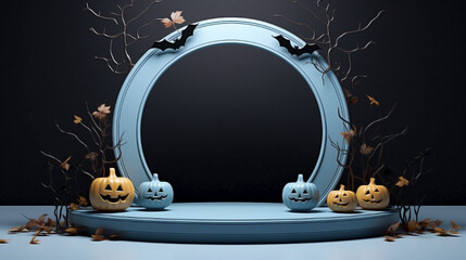 Empty luxurious aesthetic podium for Halloween, in Classic Blue color, designed for advertising and product display with pumpkins, bats and dry branches in autumn.