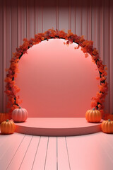 Empty luxurious aesthetic podium for Halloween, in Rose Gold color, designed for advertising and product display with a beautiful arch full of dried flowers and pumpkins of the fall season.