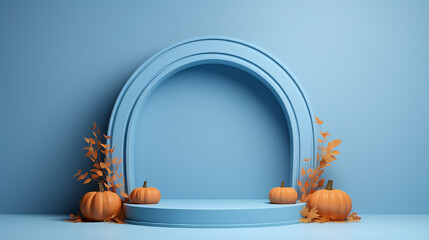 Obraz na płótnie Canvas Empty luxurious aesthetic podium for Halloween, in Classic Blue color, designed for advertising and product display with autumn season pumpkins and dry leaves.