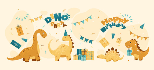 Funny dinosaurs, gift boxes, confetti, flags. Isolated vector illustration for baby shower, birthday, nursery decoration, children's party, textiles, wallpaper and packaging