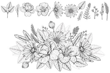 Hand Drawn Engraving Pen and Ink Flowers Collection and bouquet. Engraved arrangement of roses, daisy, and wild flowers and leaves. Vector botanical illustration. Black and white.