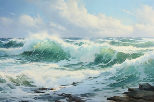 Oil painting of the sea on canvas, Generative Ai
