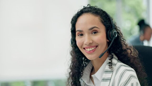 Headset, portrait and a woman in a call center for customer service, telemarketing and crm. Face of a happy female consultant or agent at a computer for technical support, sales or help desk advice