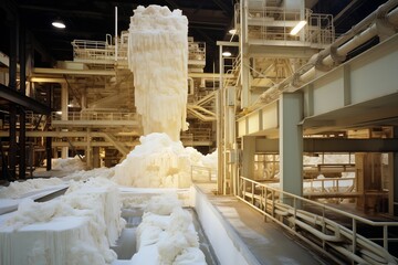 Pulp and paper mill with columns of freshly bleached paper, Generative Ai