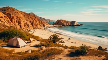 Baja California Landscape: Beautiful Bay and Beach Camping in Blue Mexico. Generative AI