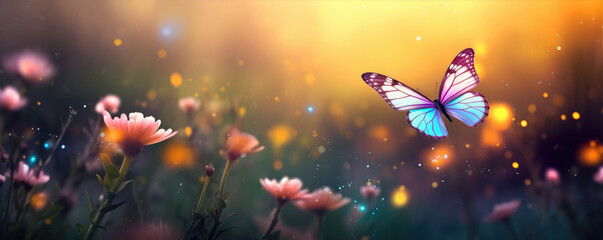 Mystical beautiful butterfly in a magical flower field. Butterfly fly over flowers meadow.