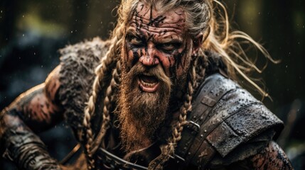 Dynamic Action Shot of a Gritty Viking Warrior in Mid-Battle: Capturing the Tension and Energy in a Forest Setting, War Paint and Blood Adorned, Generative AI Illustration