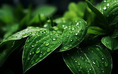Dewy Green Leaf with Water Drops  - obrazy, fototapety, plakaty