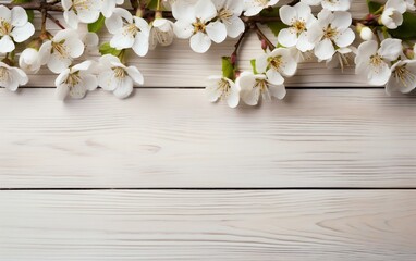 White wooden background with flowers and copy space 