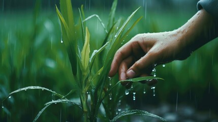 Farmer's hand touching a plant tree during rain, cinematic look. Concept of agriculture, countryside, farmer life. Generative AI