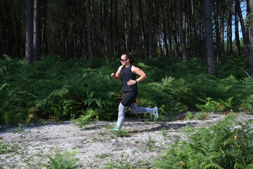 Naklejka na ściany i meble young woman doing sports in front of a pine forest