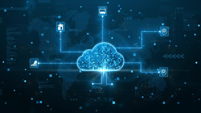 Cloud computing for data storage and transfer for safety, Cloud icon with data icon on the background world map, Futuristic technology global network data connection. Cybersecurity digital background