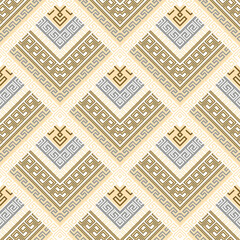 Greek zigzag seamless pattern. Ornamental golden zig zag lines, meanders on white background. Beautiful modern patterned repeat ornaments with rhombus, greek key, meander. Endless ornate texture